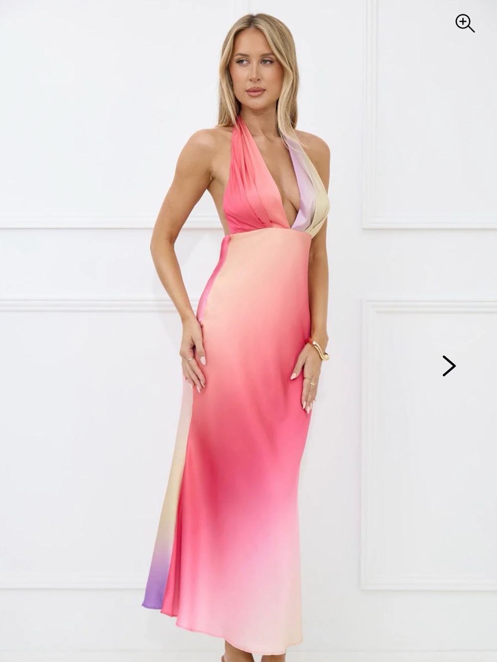 Gradient Rainbow Halter Satin Maxi Dress in Pink
